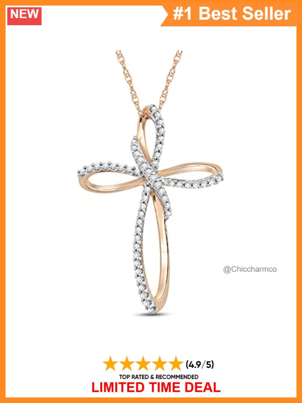 10K Rose Gold Cross Necklace Natural Diamond Rope Chain 18"